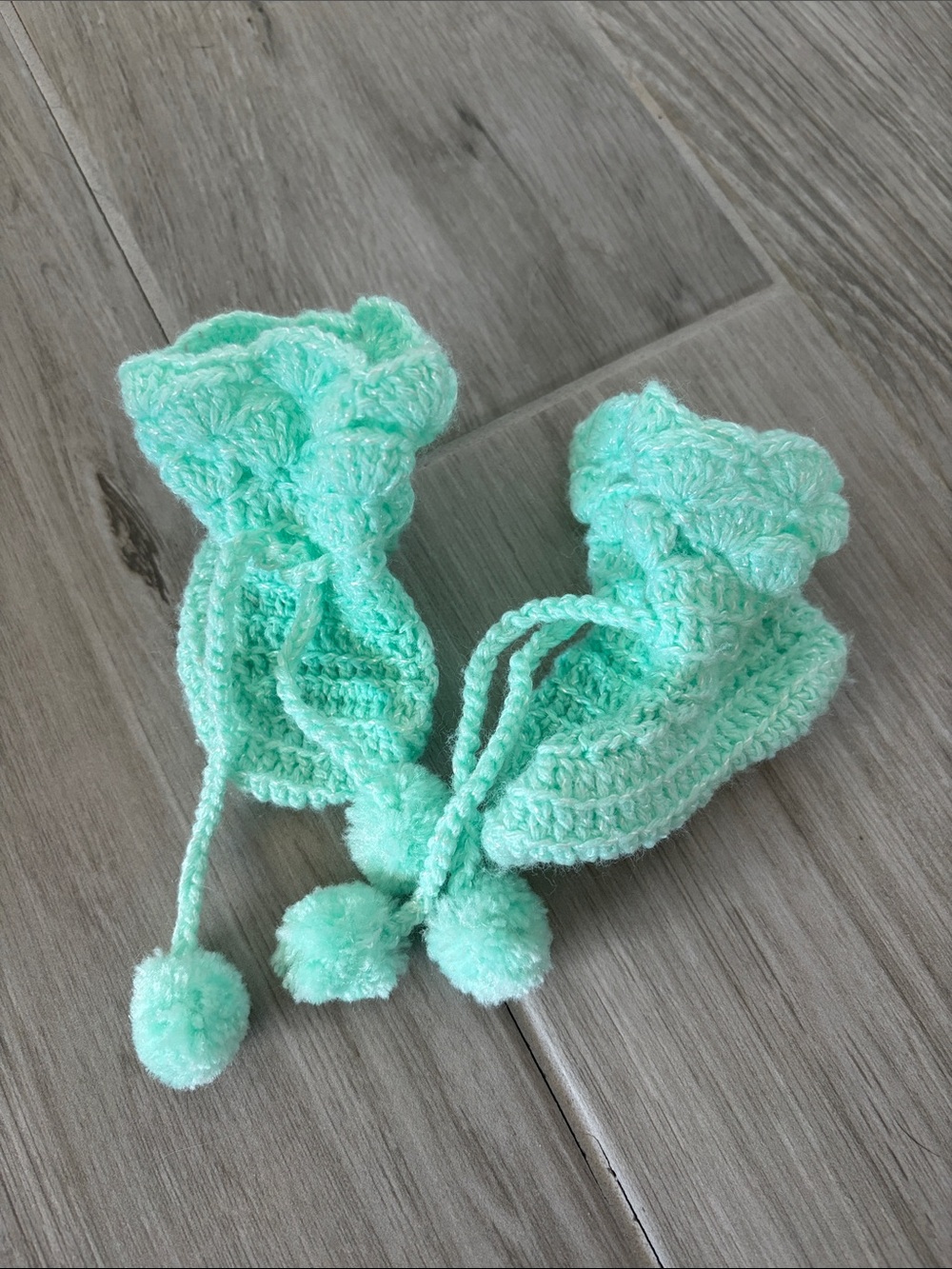 Vintage Handmade Mint Crochet Baby Booties with Pom-Pom Ties